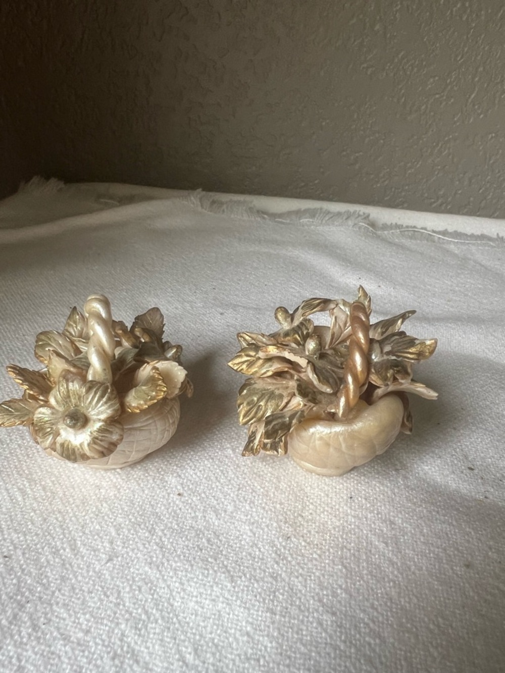 Hand Crafted Cream and Gold Floral Basket Pair